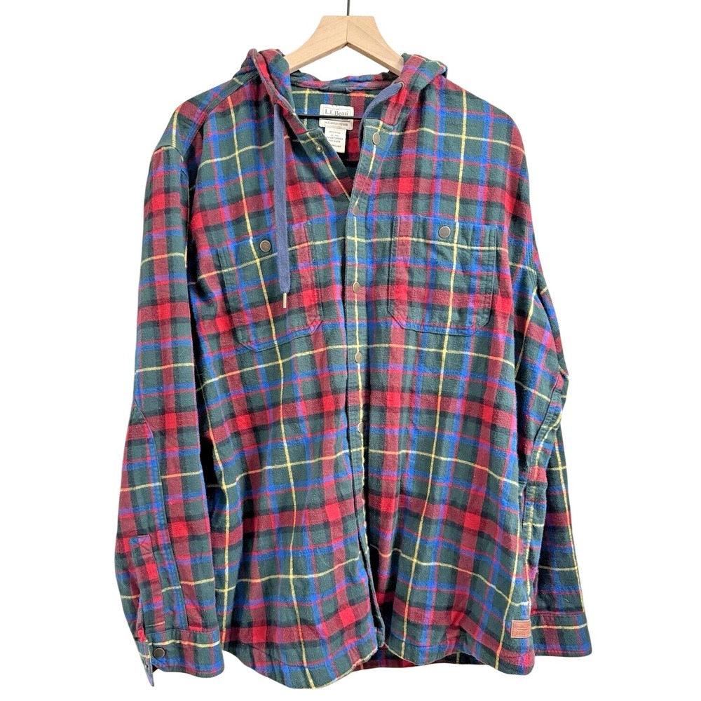 L.L. Bean‎ Hooded Flannel Shirt Mens XL Green Red Plaid Snap Front 508169